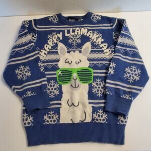 Mad Engine Sweater Kids XS Happy Llamakkah Unisex Blue Llama Hanukkah Holiday
